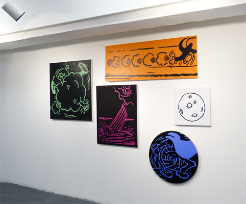 Philip Bradshaw,  Artist, Installation view, Cartoon series paintings, Amongst Other Things, Richmix, 2014